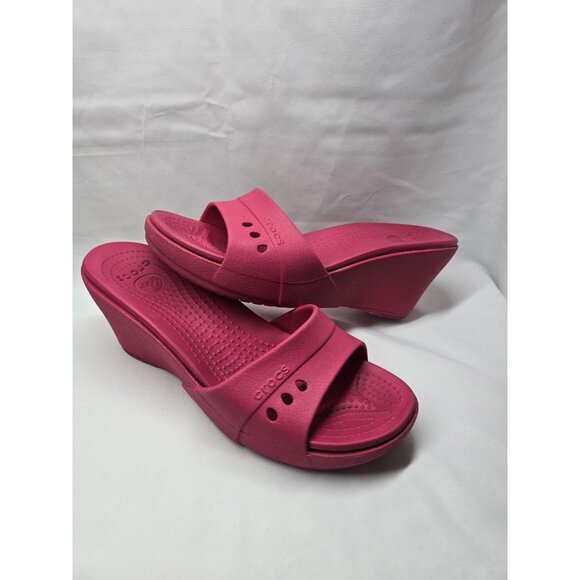 Crocs Womens Kadee Sandal Size 9 Hot Pink Slide Wedge Heel Mule Beach Pool Shoe - Picture 10 of 10